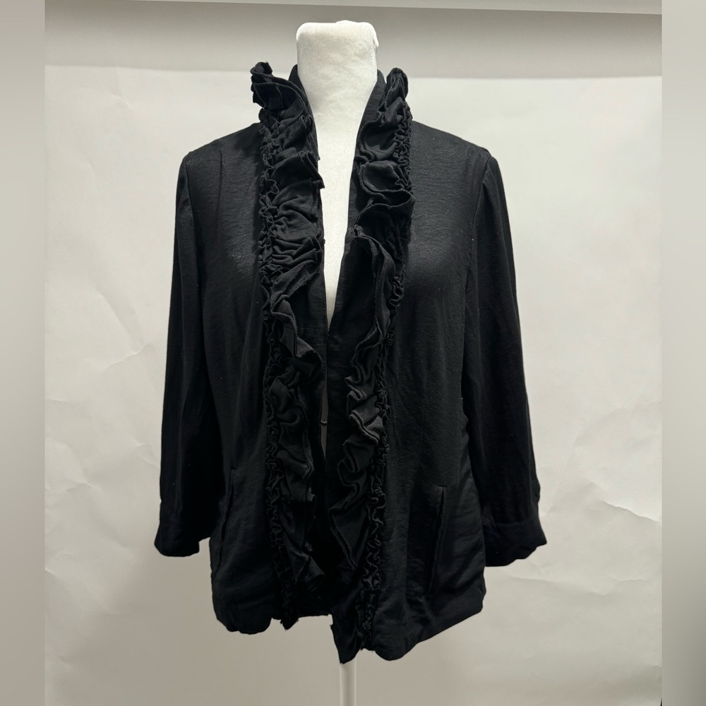Chico’s Black Blazer Jacket with Ruffle Detail, Size 1